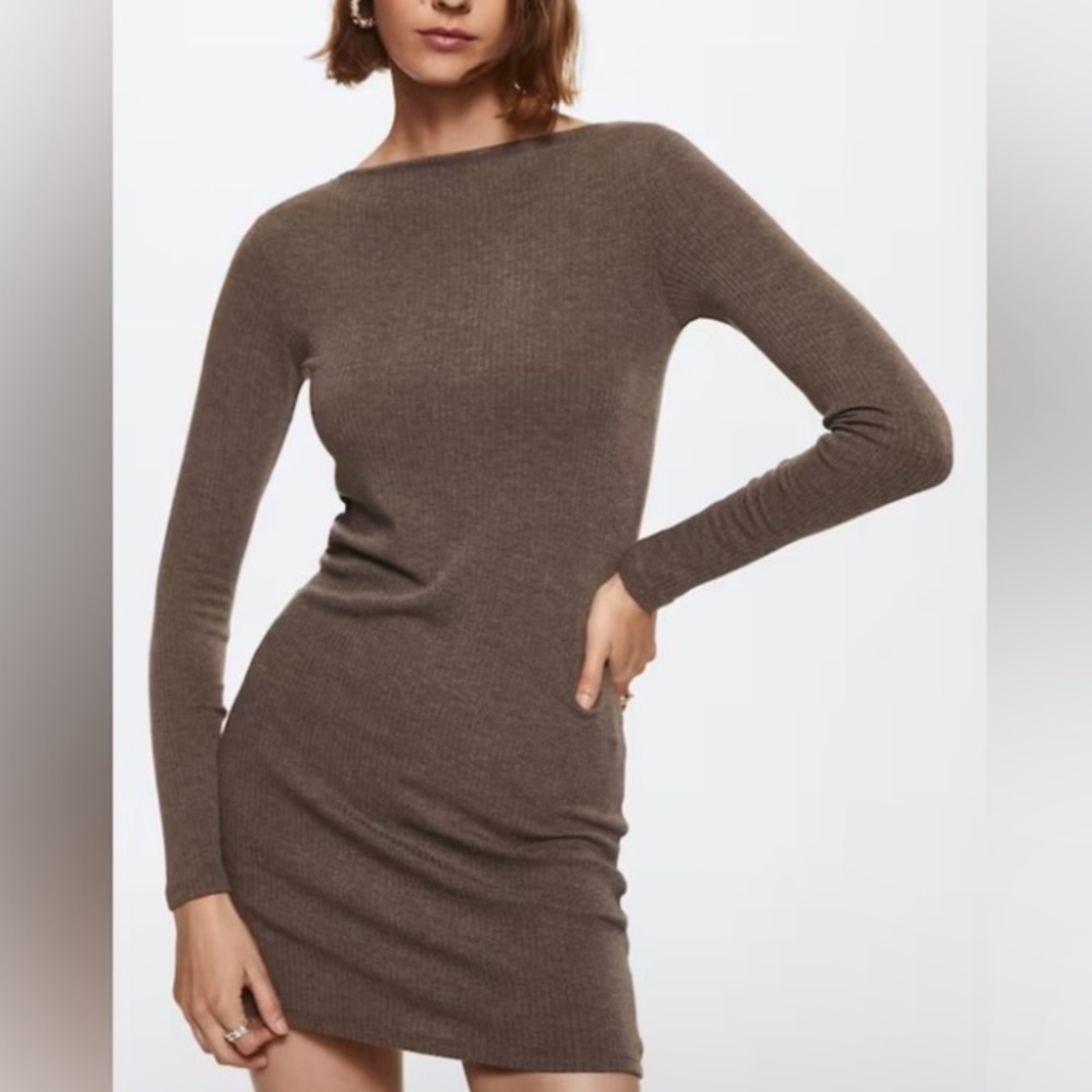 MANGO ribbed boat neck long sleeve mini dress S